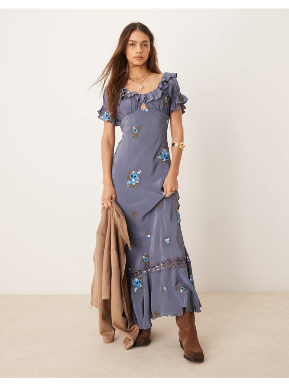 Free People Bali Santa Cruz Indigo Floral Embroidered Maxi Dress Medium New - Picture 7 of 16